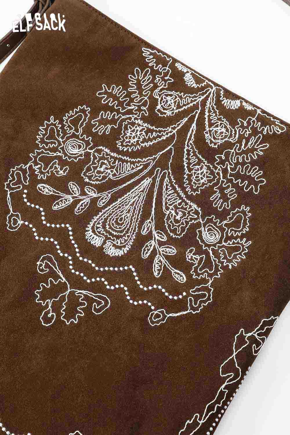 ELFSACK Vintage Bohemian Tote Bag with Intricate Floral Embroidery on Brown Fabric