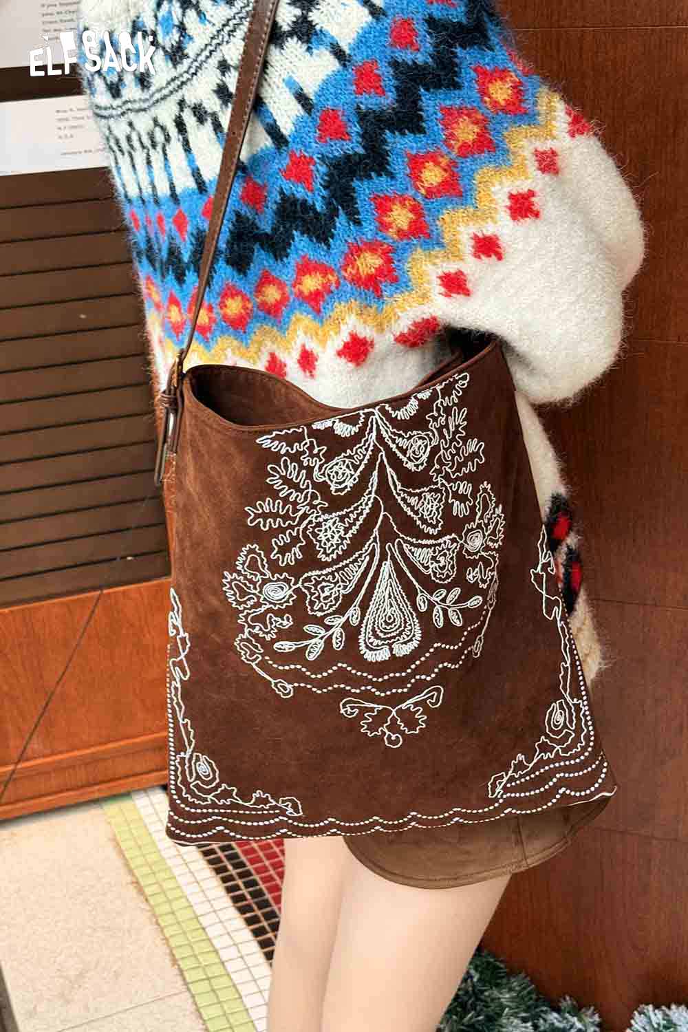 ELFSACK Vintage Bohemian Tote Bag Made of Soft Suede with Intricate Embroidery Details