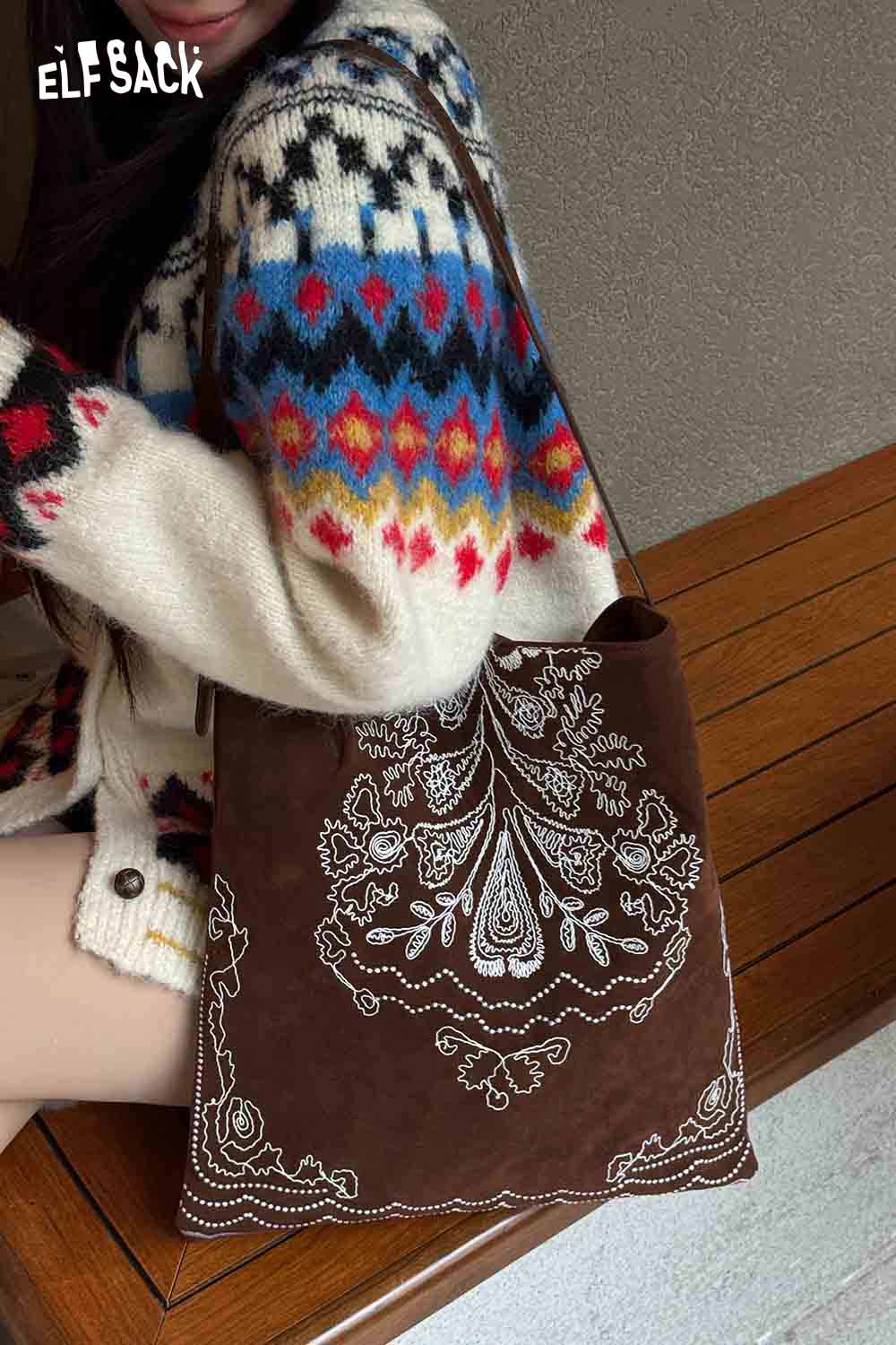 ELFSACK vintage bohemian tote bag in brown with intricate white embroidery, perfect for stylish outings.