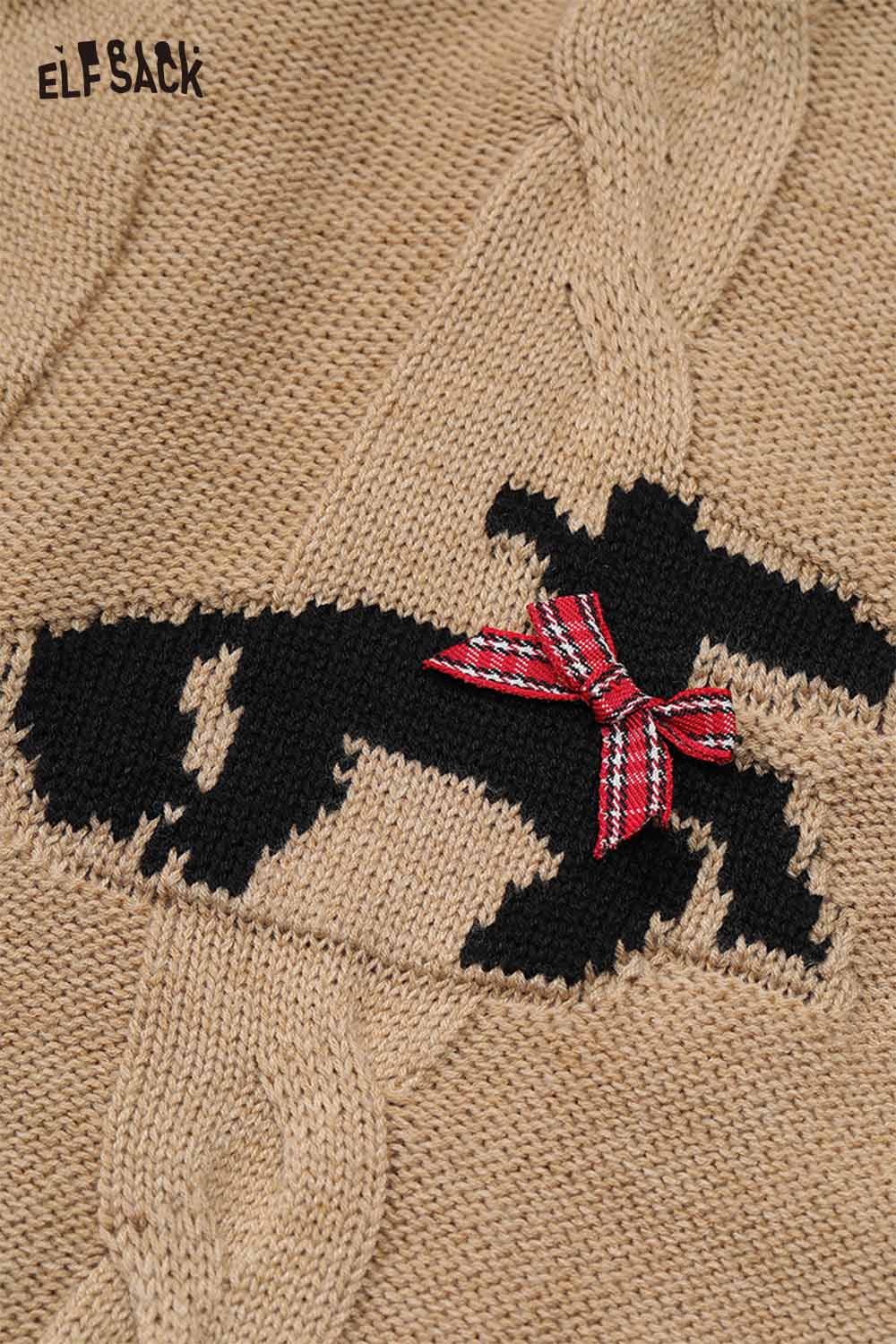 ELFSACK vintage bow jacquard cardigan featuring a stitched dog design and plaid bow detail