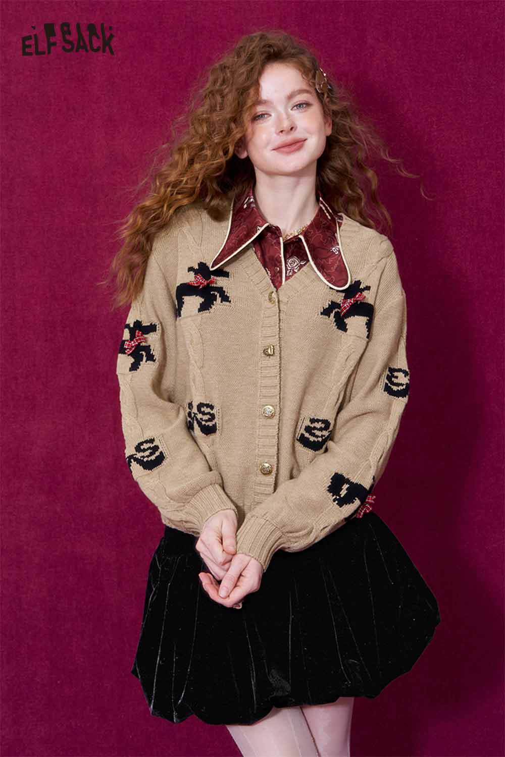 ELFSACK vintage bow jacquard cardigan in beige with playful designs and round buttons