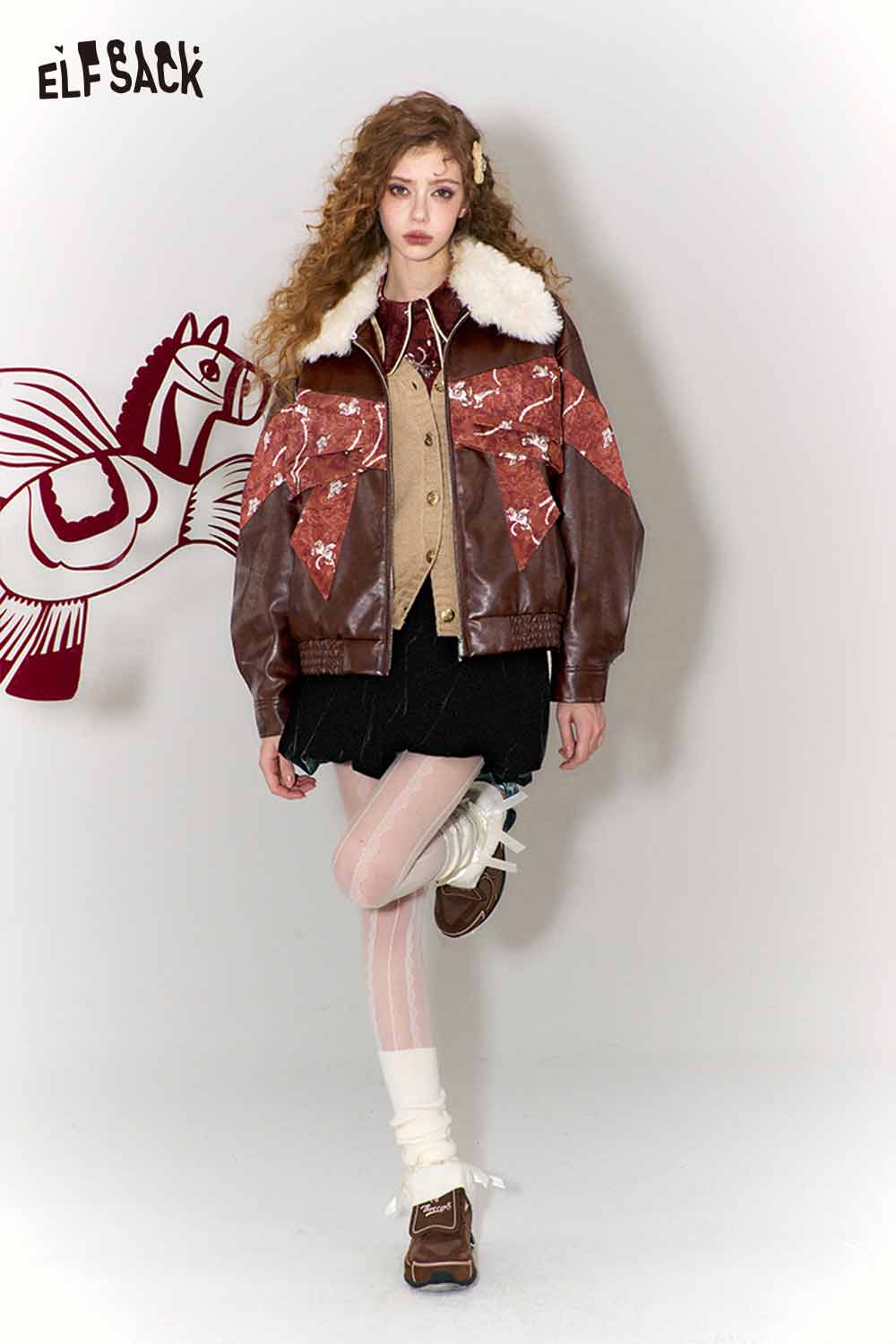 ELFSACK vintage bow jacquard cardigan styled with a brown floral bomber jacket and skirt