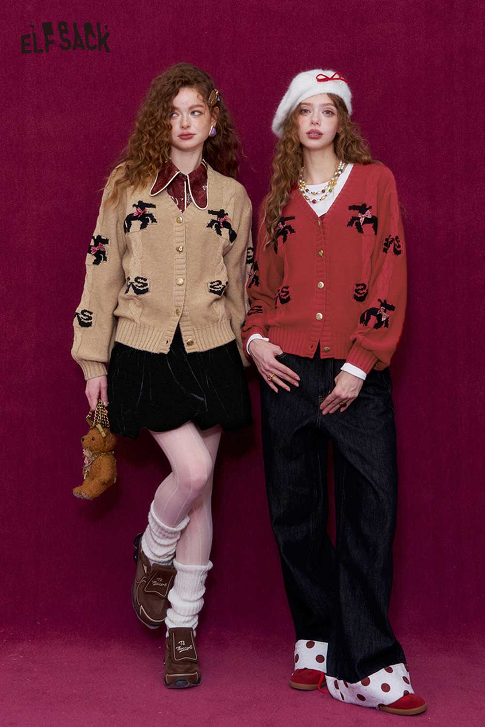 Two models wearing vintage bow jacquard cardigans styled with skirts and accessories for a chic look