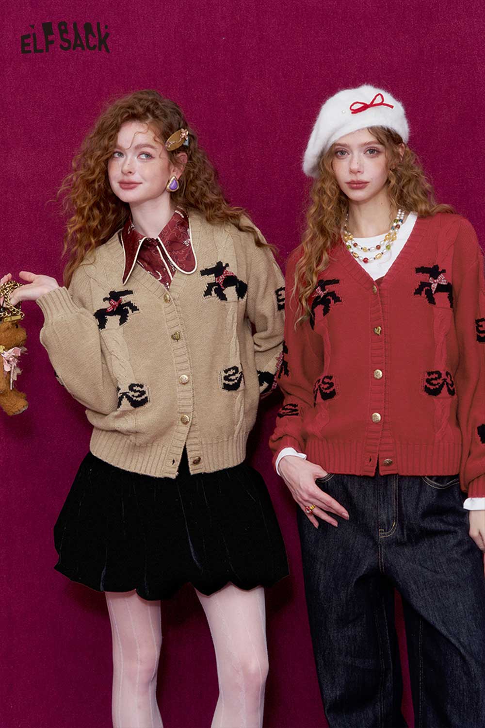 ELFSACK vintage bow jacquard cardigan in beige and red with unique patterns and buttons