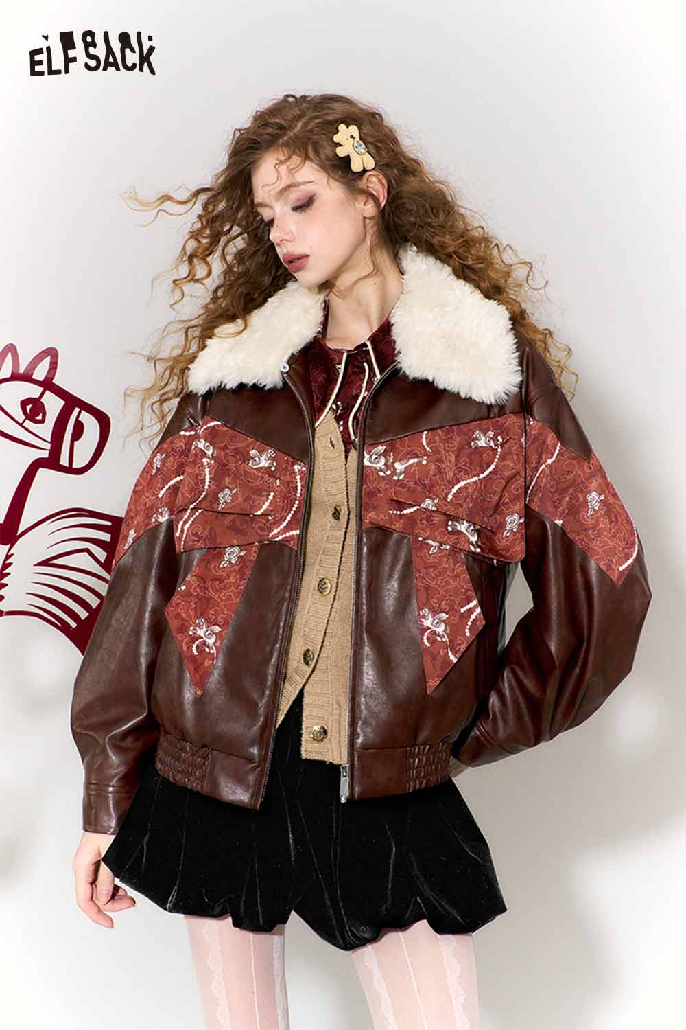 ELFSACK vintage bow jacquard cardigan styled under a brown shearling collar jacket for a trendy look