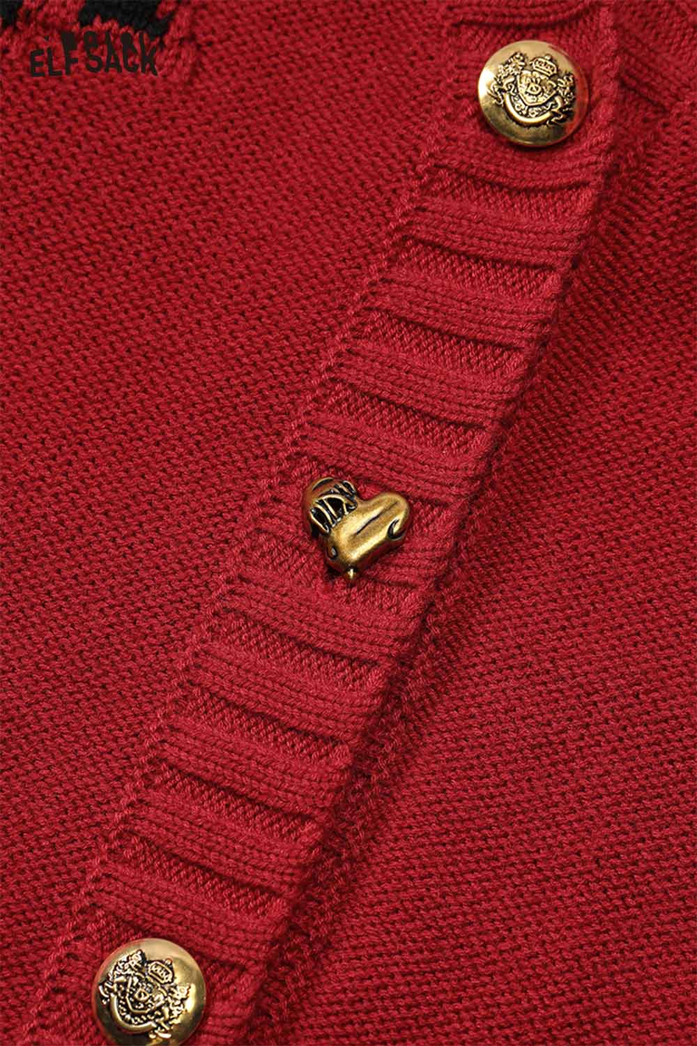 Close-up of ELFSACK vintage bow jacquard cardigan featuring decorative buttons and textured fabric