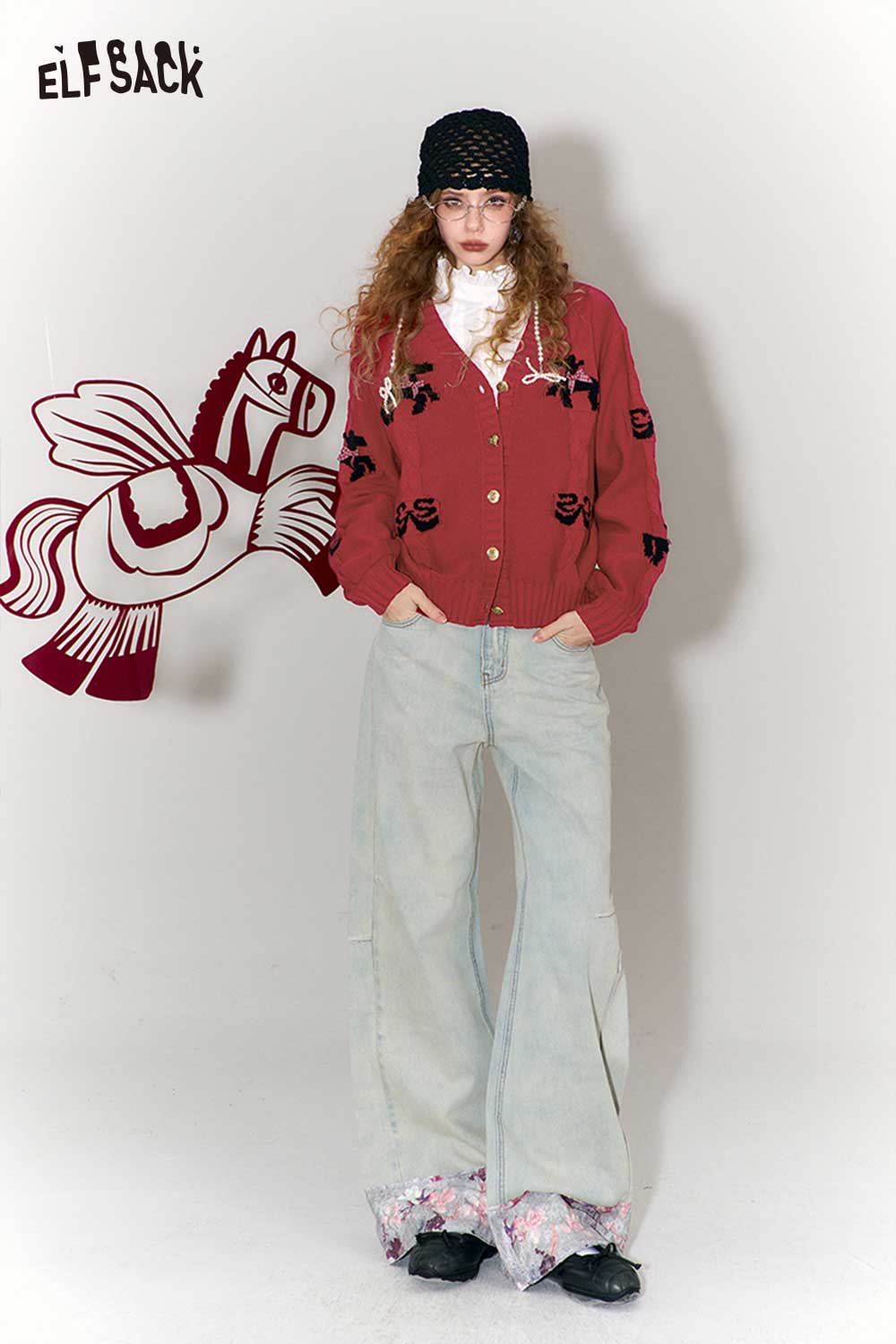 ELFSACK vintage bow jacquard cardigan in red with floral designs, styled with wide-leg jeans