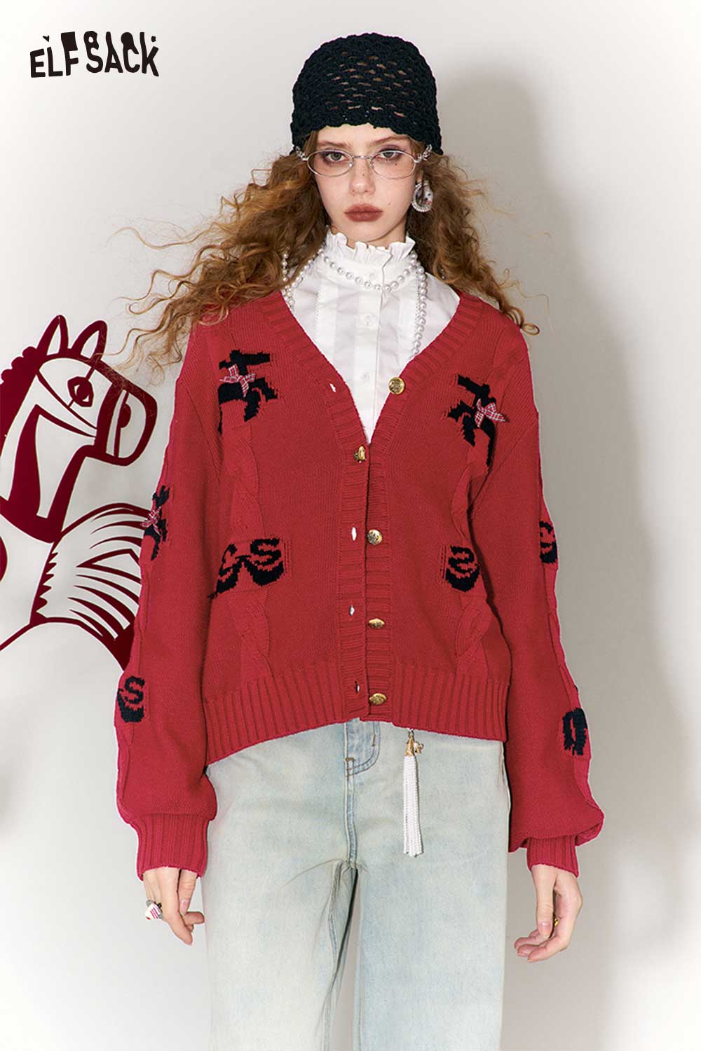 ELFSACK vintage bow jacquard cardigan in red with playful bow designs and button closure