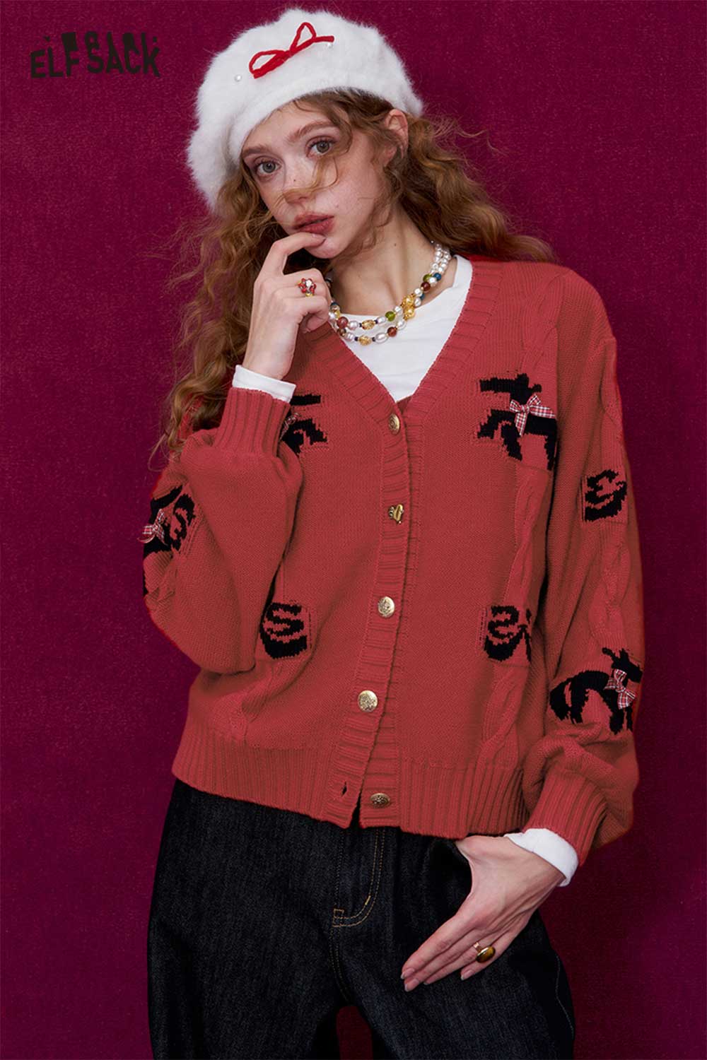 ELFSACK vintage bow jacquard cardigan in coral with playful designs and buttons for a trendy look