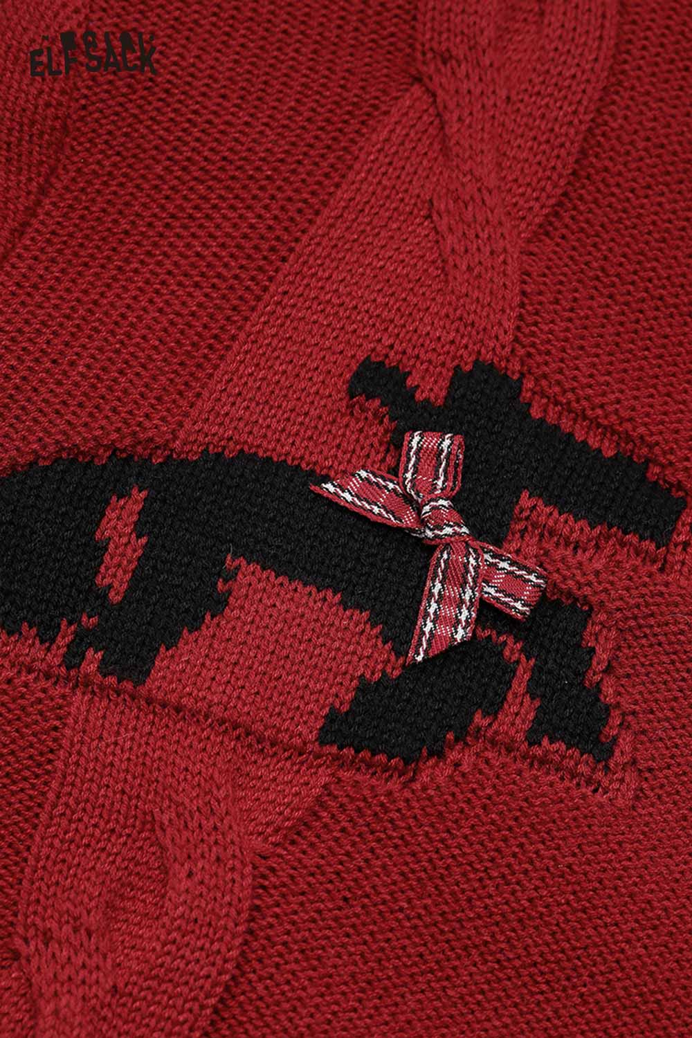 Close-up of ELFSACK vintage bow jacquard cardigan featuring a unique bow design in red and black