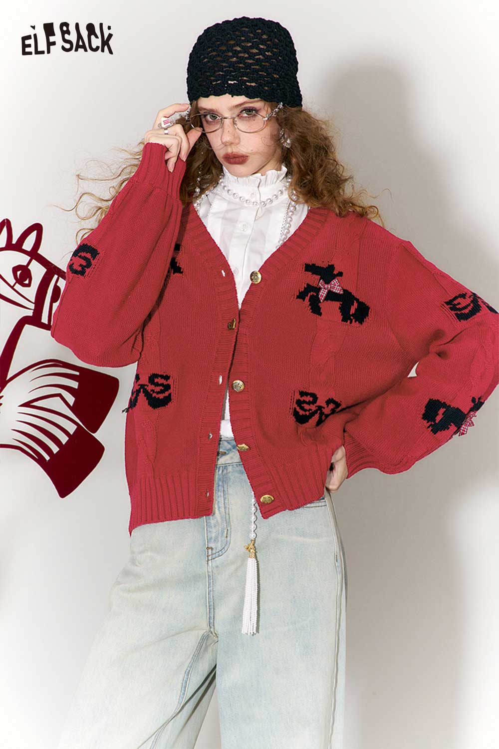 ELFSACK vintage bow jacquard cardigan in red with playful animal designs for a trendy look
