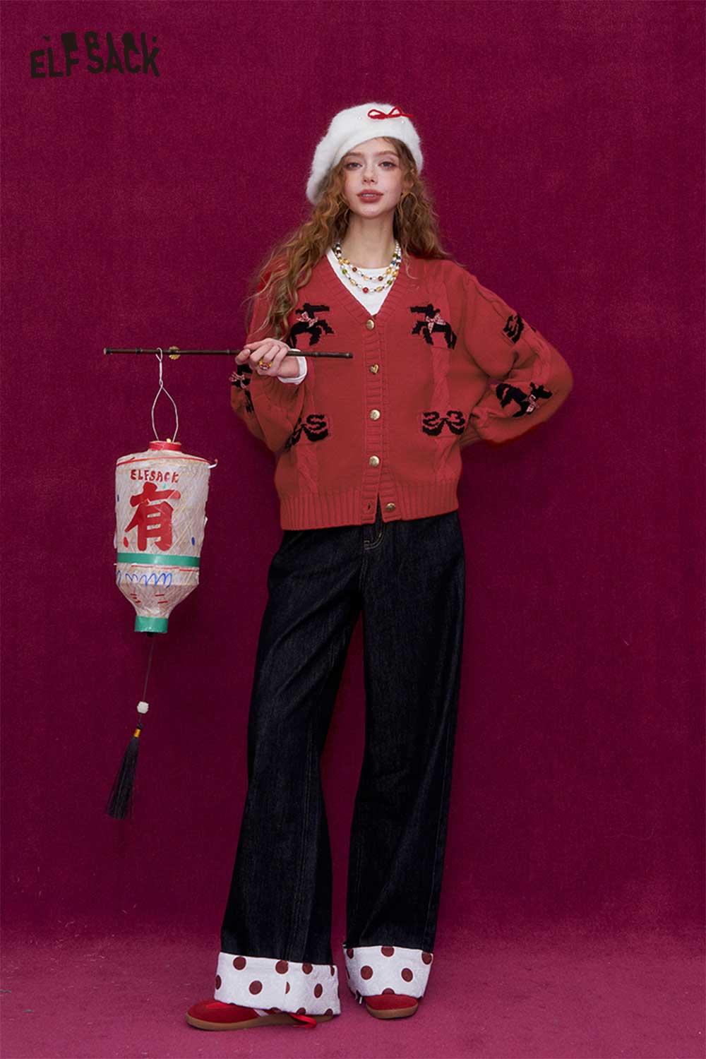 ELFSACK vintage bow jacquard cardigan in red with patterned details, styled with wide-leg jeans