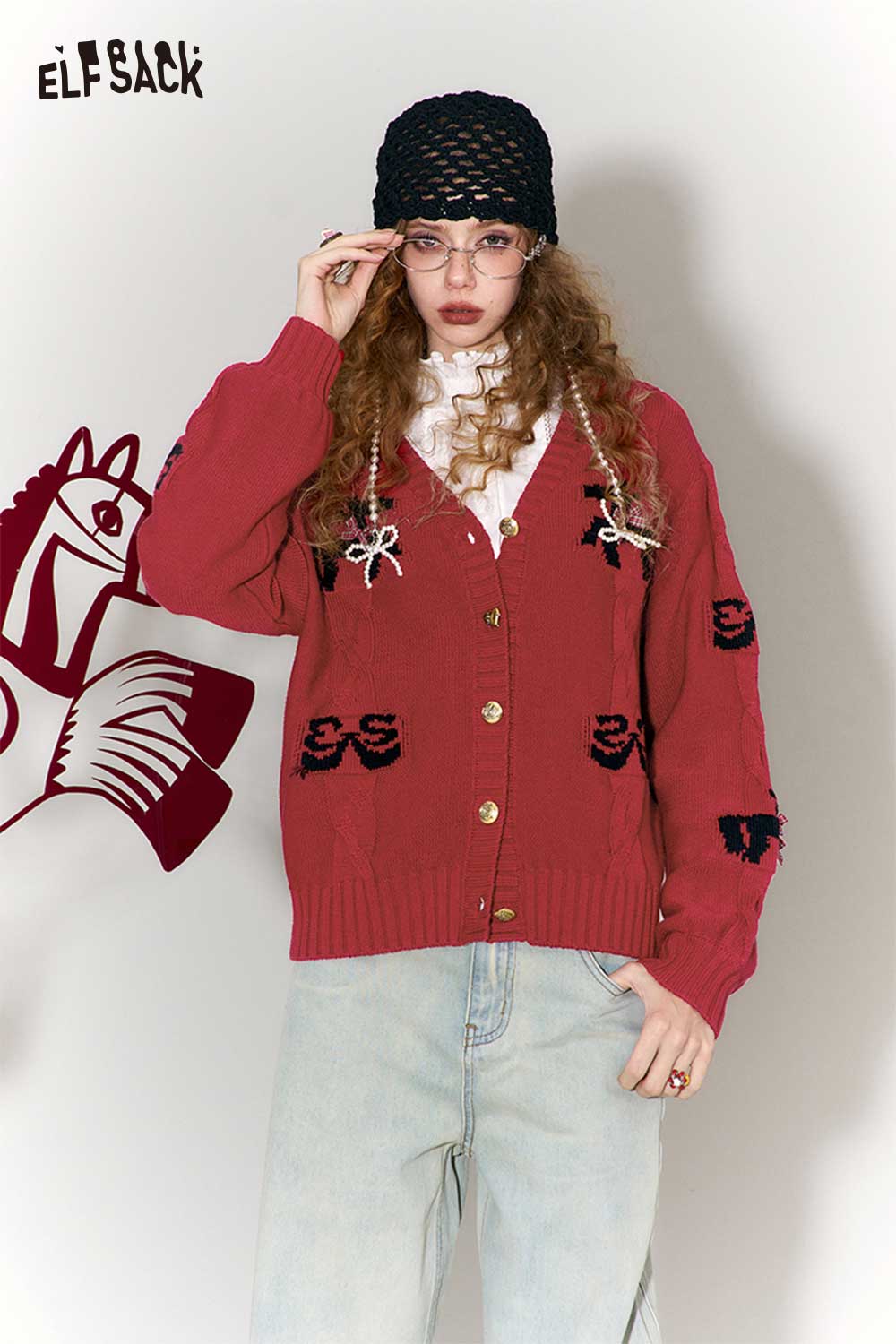 ELFSACK vintage bow jacquard cardigan in red with playful patterns and a cozy fit