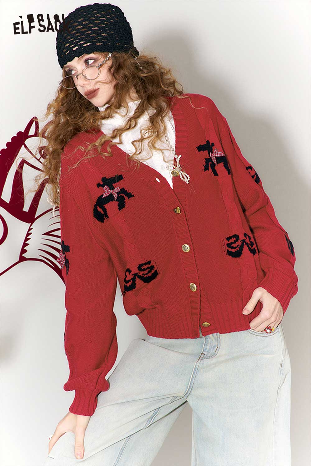 ELFSACK vintage bow jacquard cardigan in red with unique patterns for stylish layering