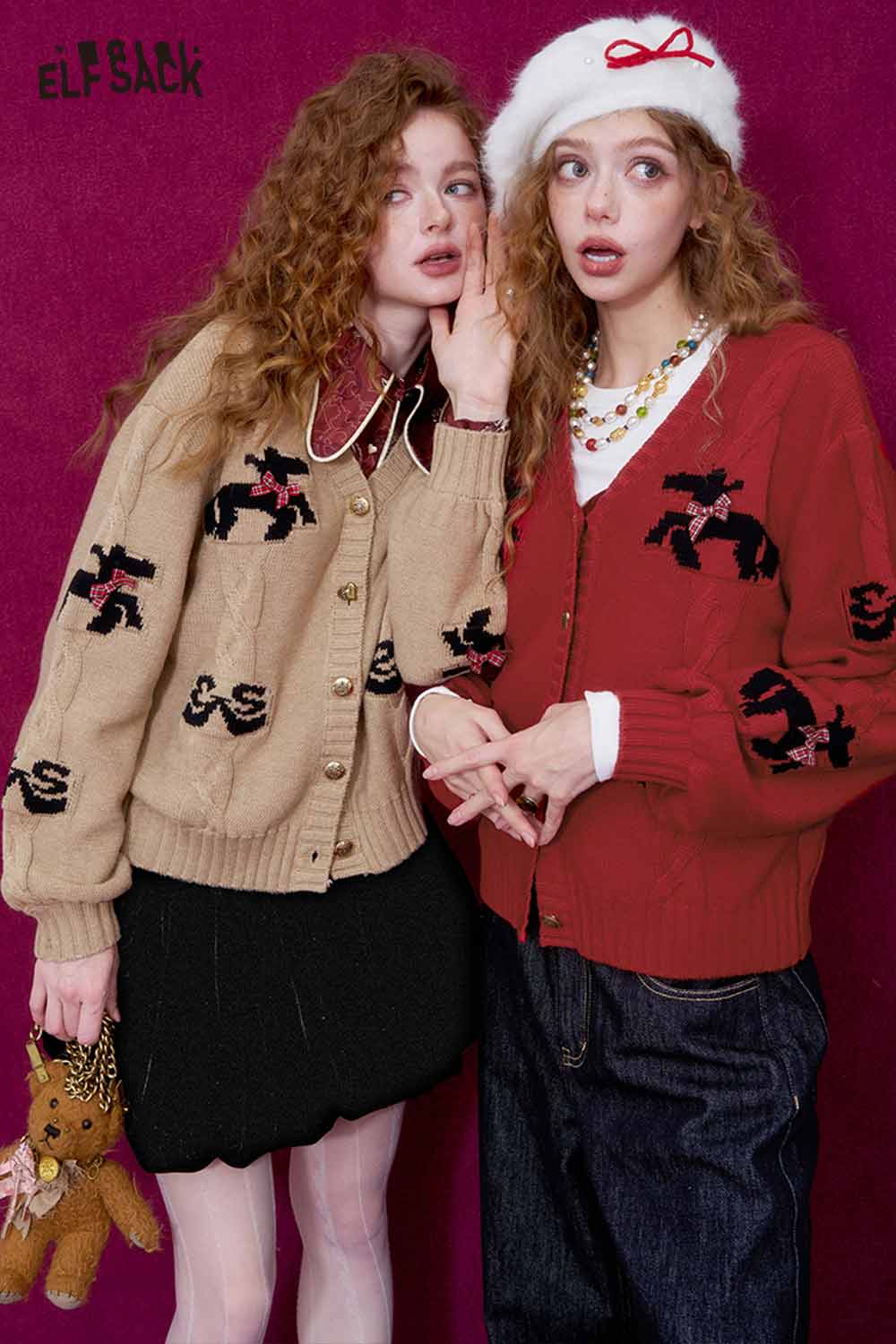 Two models wearing ELFSACK vintage bow jacquard cardigan in beige and red with playful patterns