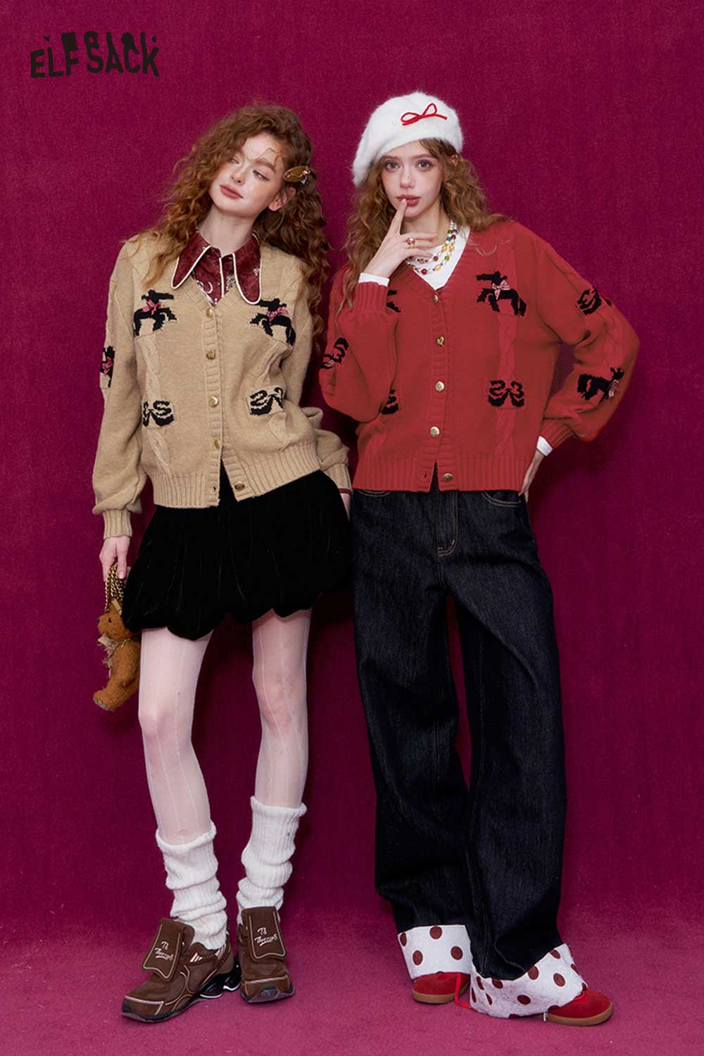 ELFSACK vintage bow jacquard cardigan featuring unique designs and cozy fit, perfect for stylish layering