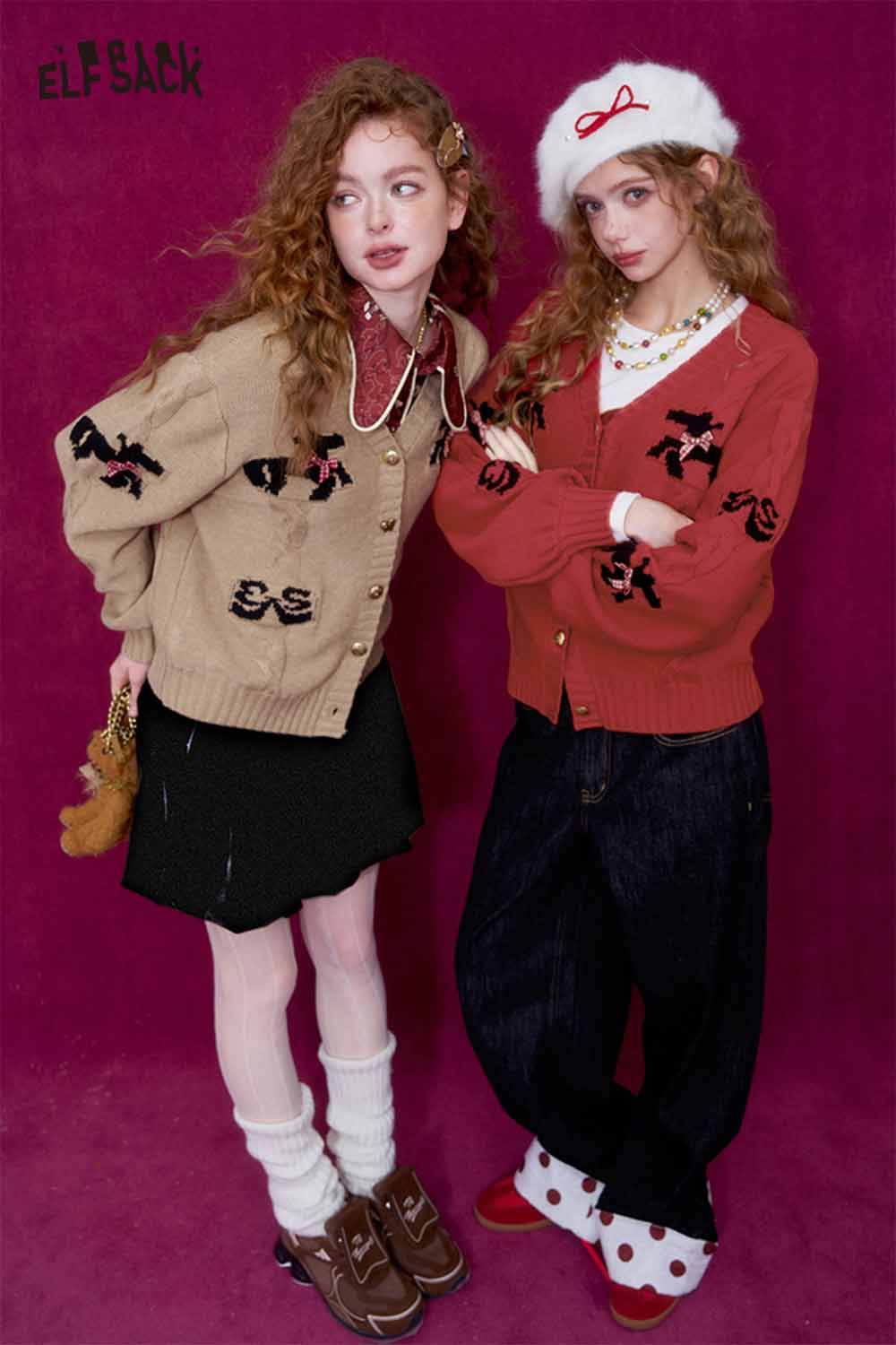 Two models wearing ELFSACK vintage bow jacquard cardigan styled with playful outfits
