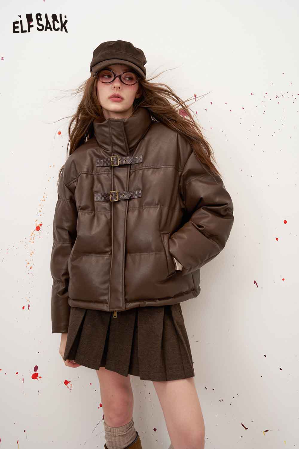 Vintage Brown Stand Collar Puffer Jacket