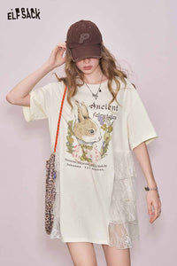 Vintage Bunny Print Dress with Lace Ruffle Detail