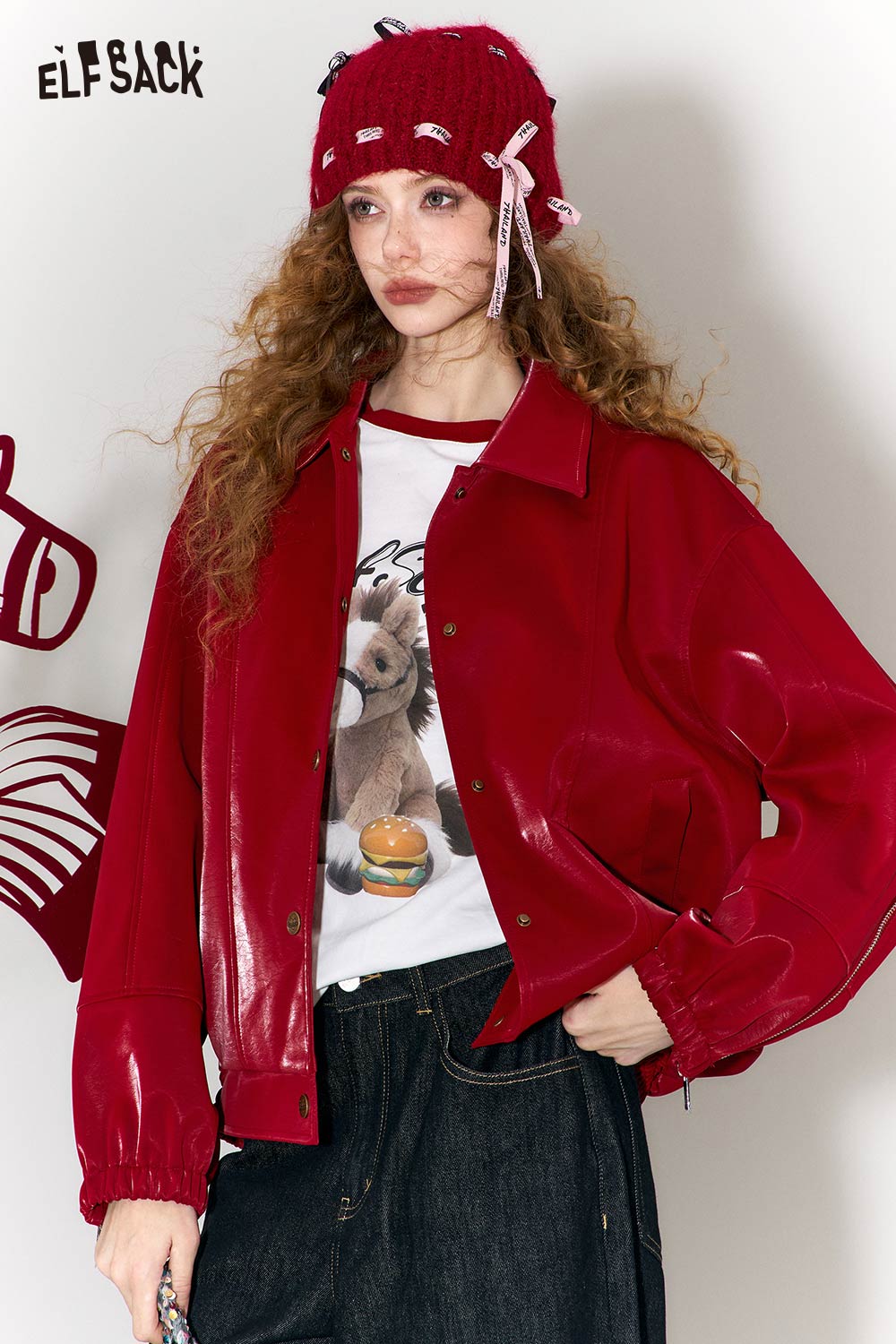 ELFSACK vintage burgundy leather jacket women with stylish design for a chic look