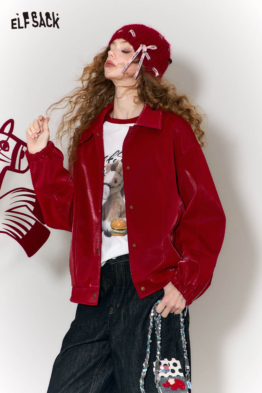 ELFSACK vintage burgundy leather jacket women styled with casual outfit and accessories