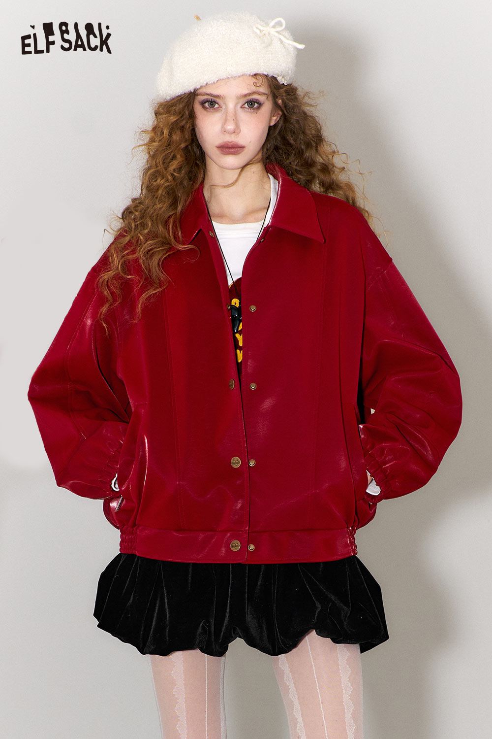 ELFSACK Vintage Burgundy Leather Jacket Women with a Stylish Oversized Fit and Chic Design