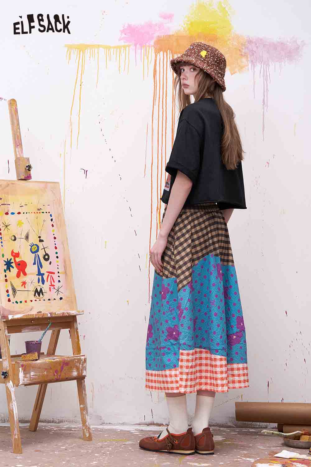 ELFSACK Vintage Cartoon Print Cropped Tee