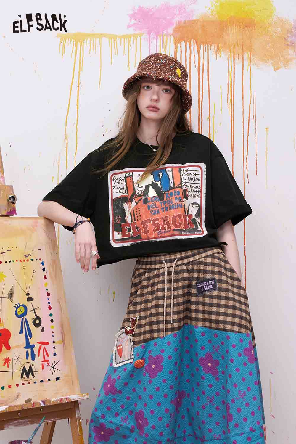 ELFSACK Vintage Cartoon Print Cropped Tee