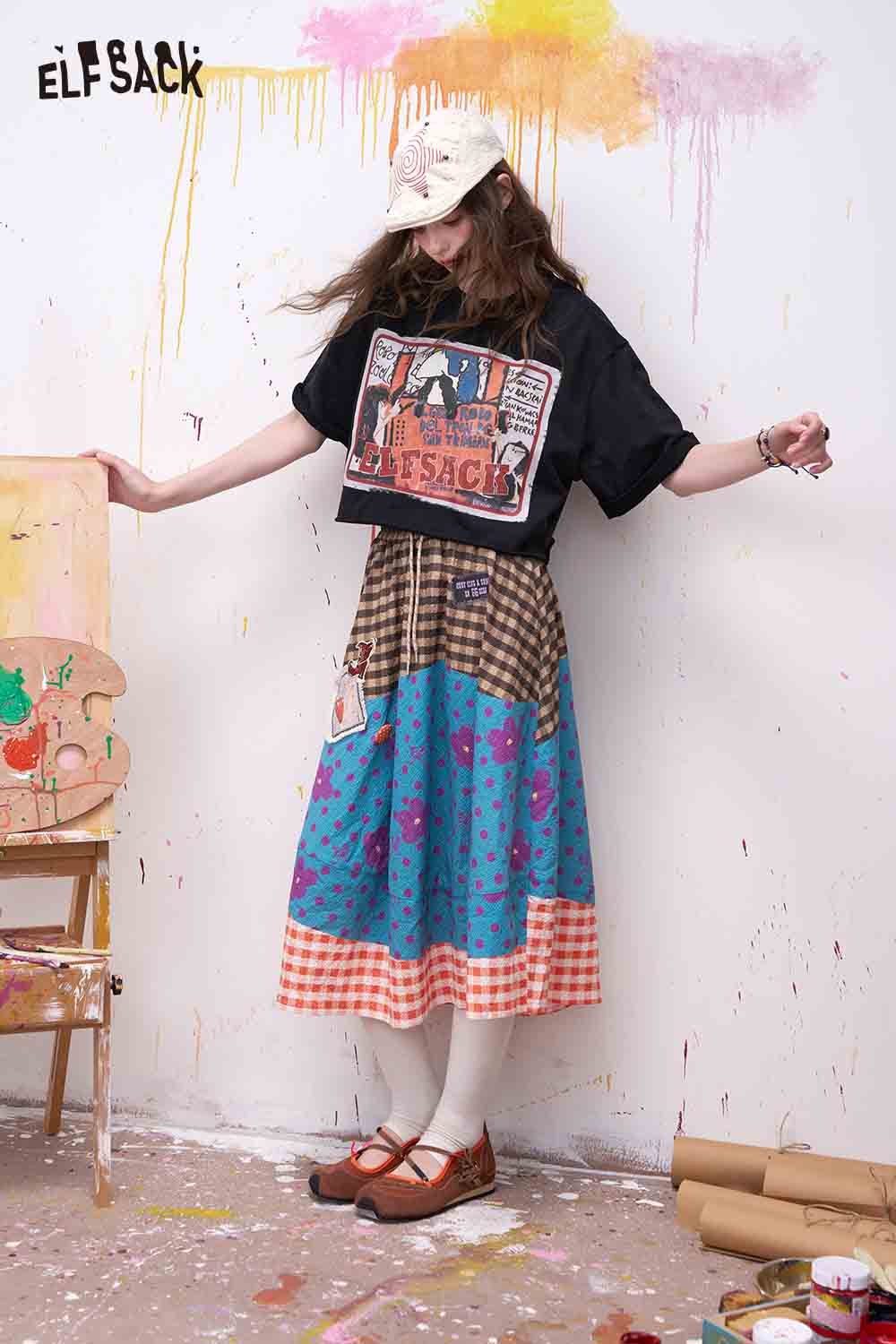 ELFSACK Vintage Cartoon Print Cropped Tee