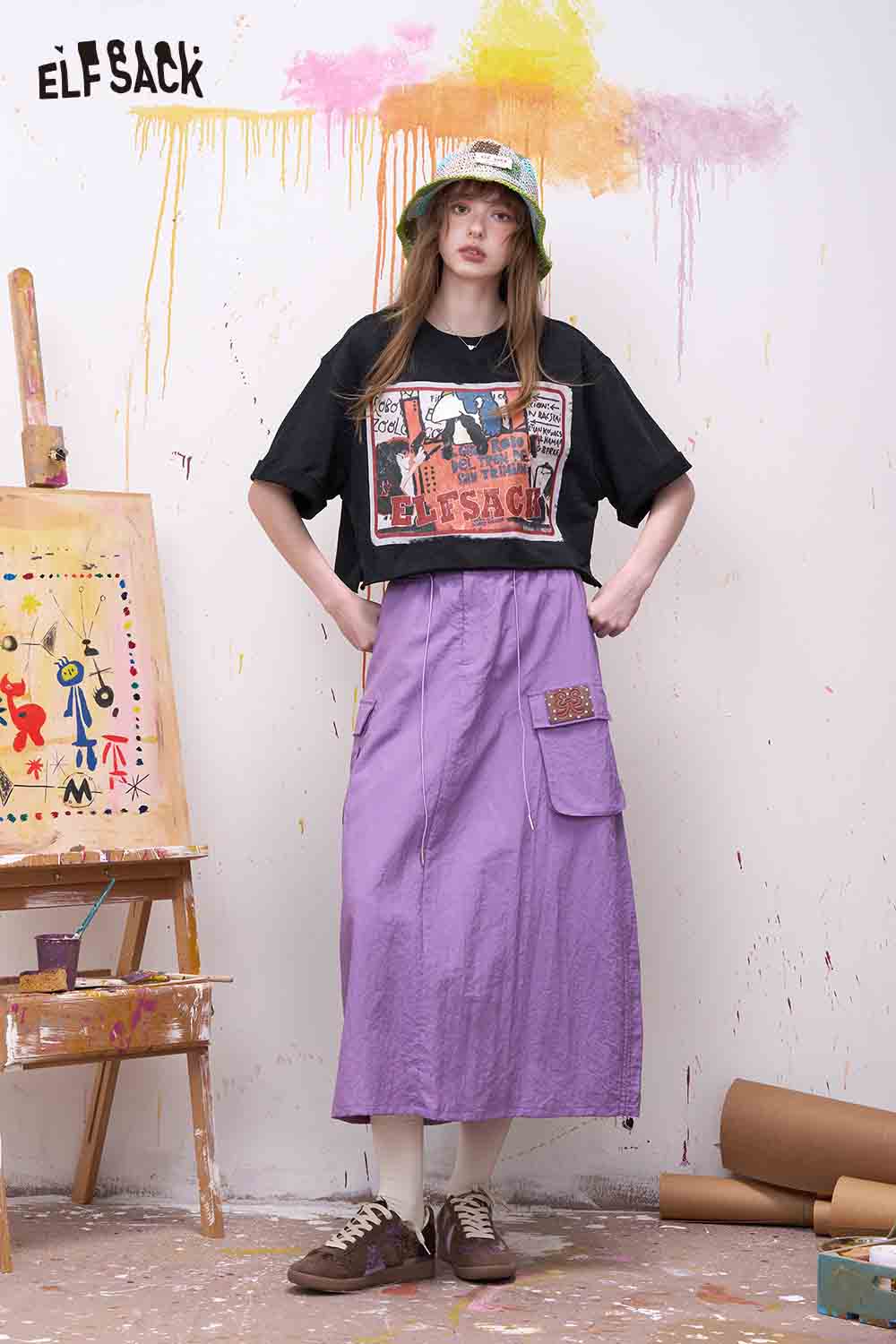 ELFSACK Vintage Cartoon Print Cropped Tee