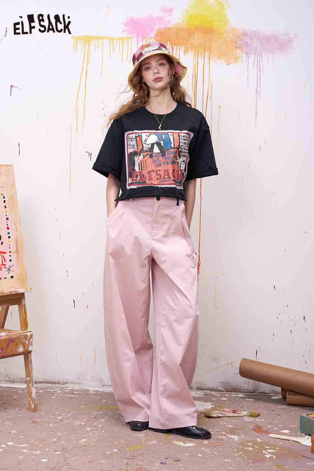 ELFSACK Vintage Cartoon Print Cropped Tee