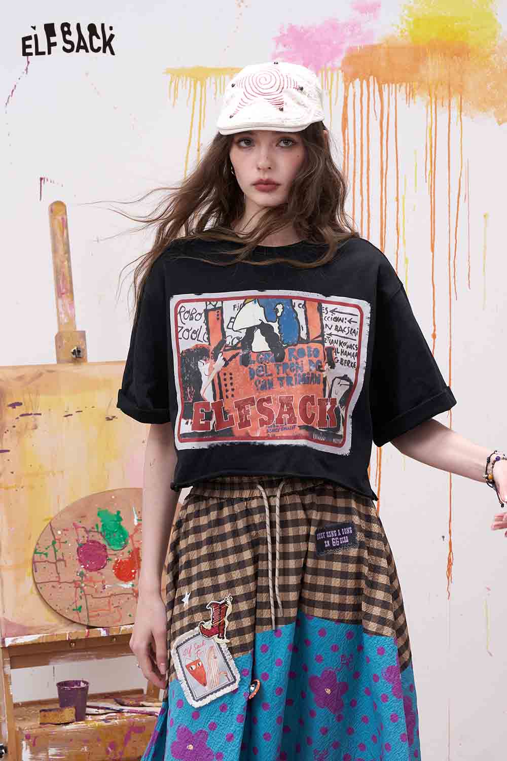 ELFSACK Vintage Cartoon Print Cropped Tee