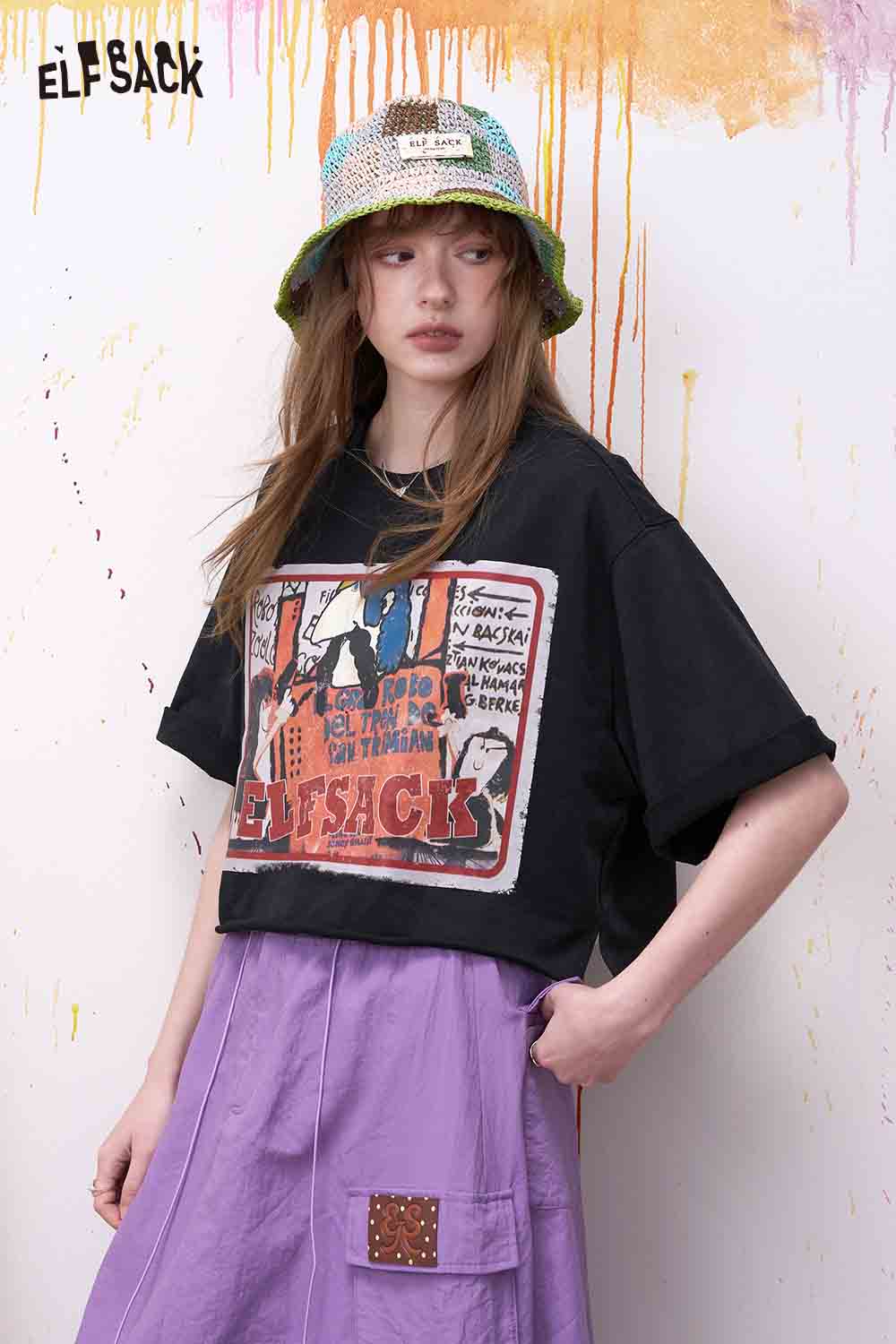 ELFSACK Vintage Cartoon Print Cropped Tee
