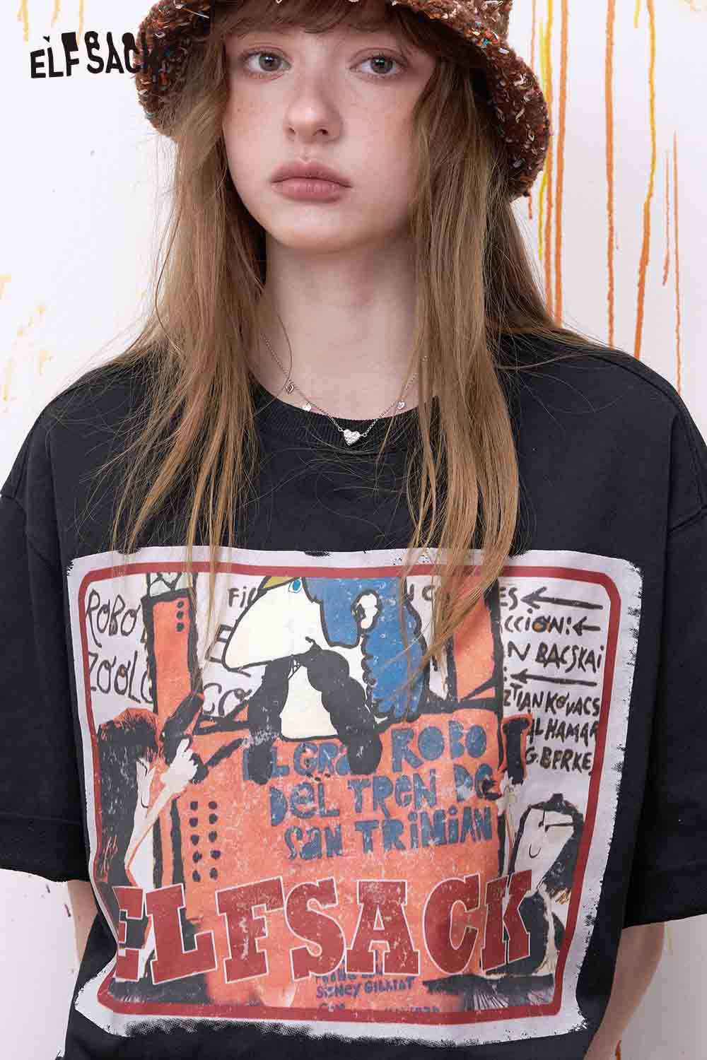 ELFSACK Vintage Cartoon Print Cropped Tee
