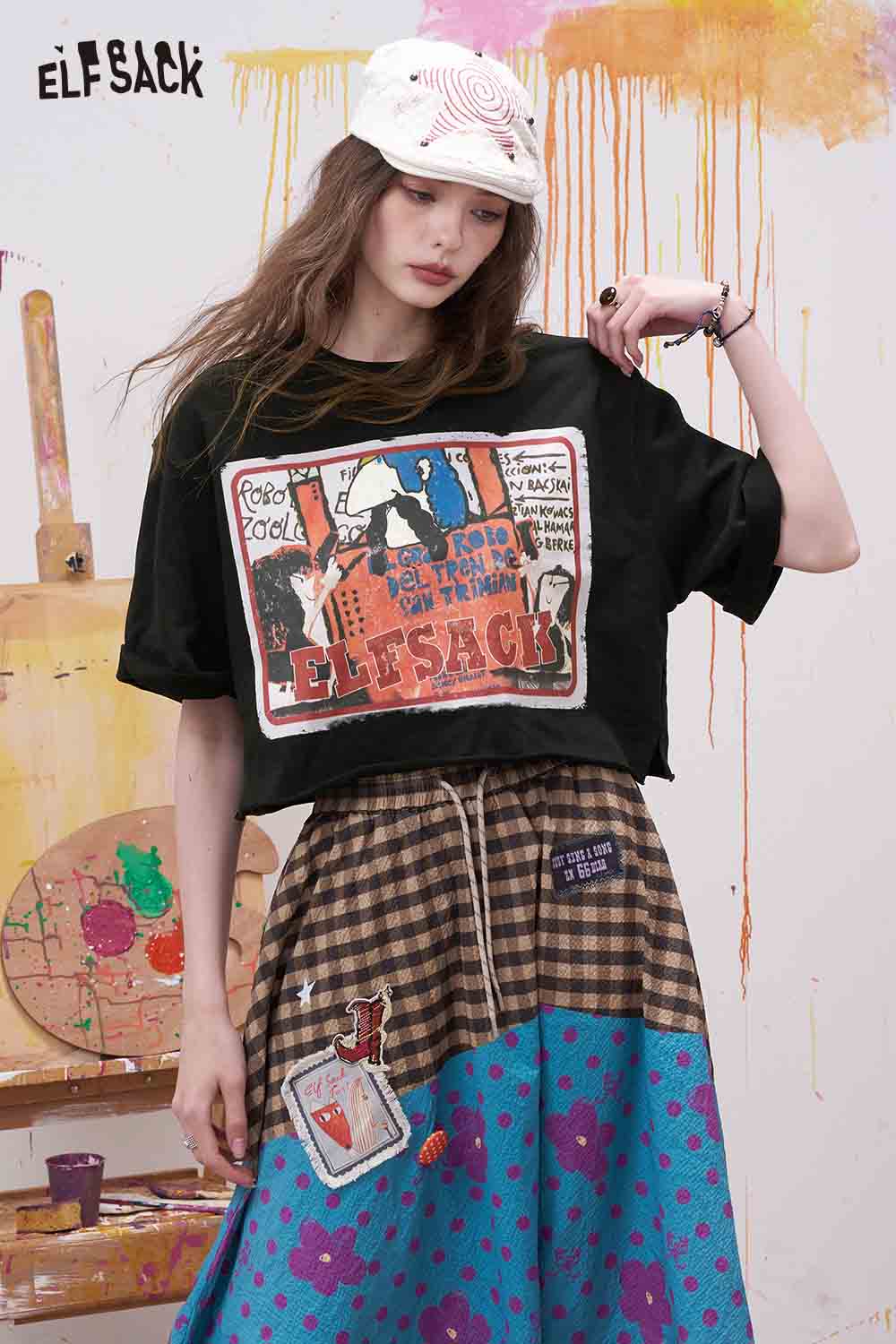 ELFSACK Vintage Cartoon Print Cropped Tee