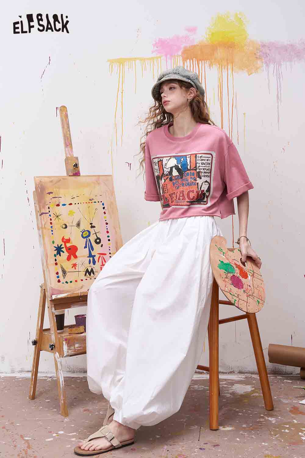 ELFSACK Vintage Cartoon Print Cropped Tee