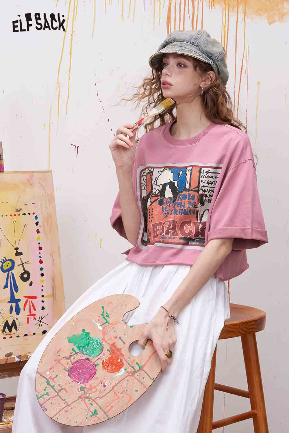 ELFSACK Vintage Cartoon Print Cropped Tee