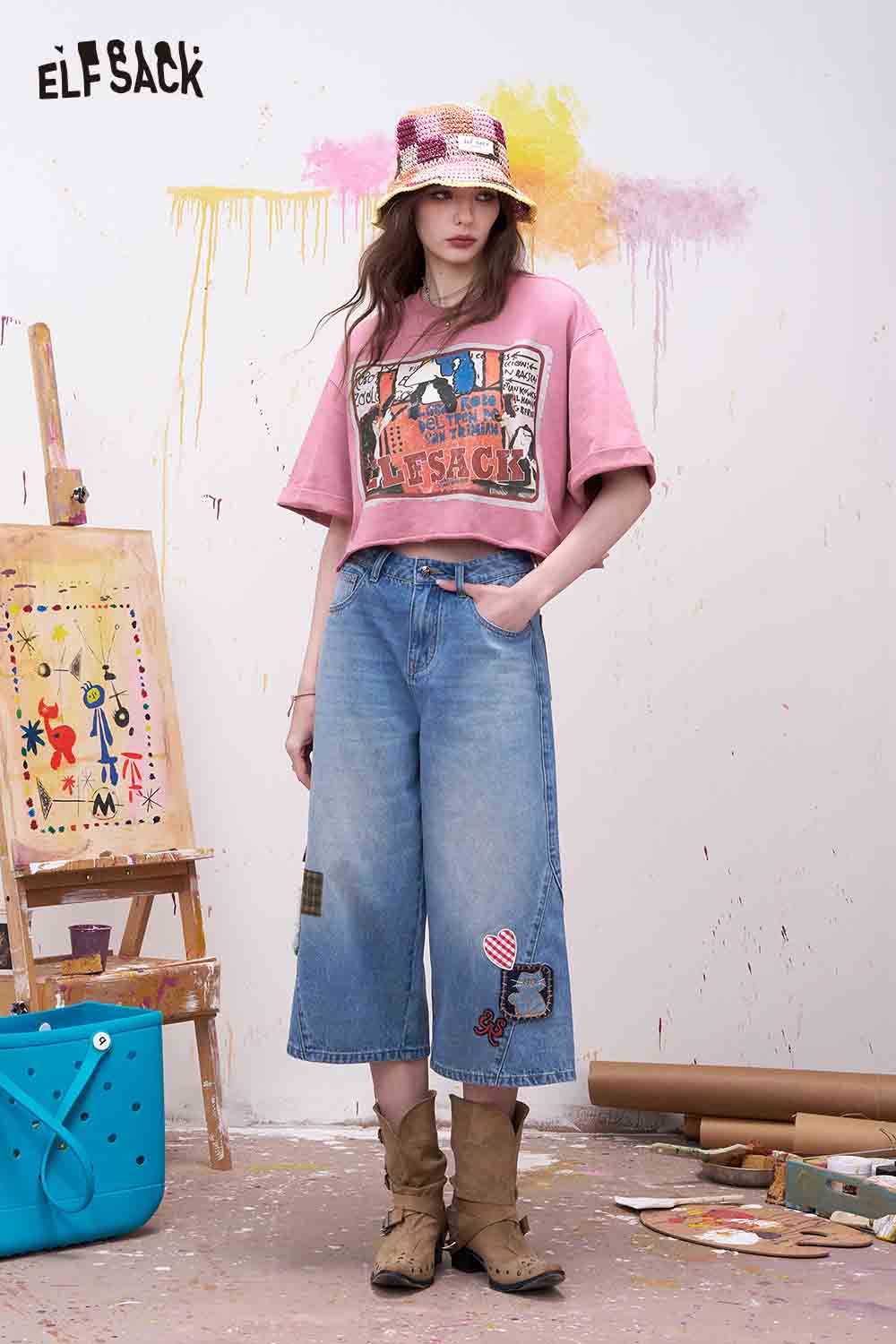 ELFSACK Vintage Cartoon Print Cropped Tee
