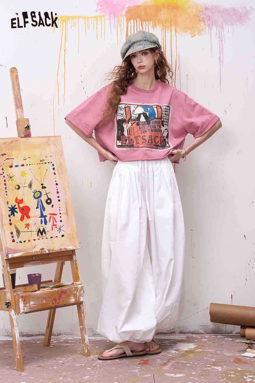 ELFSACK Vintage Cartoon Print Cropped Tee