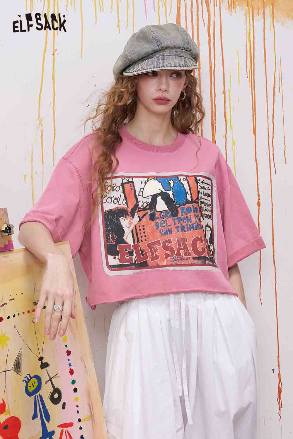ELFSACK Vintage Cartoon Print Cropped Tee