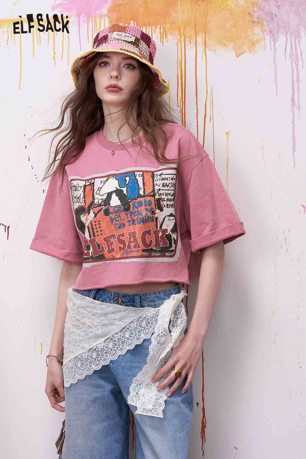 ELFSACK Vintage Cartoon Print Cropped Tee
