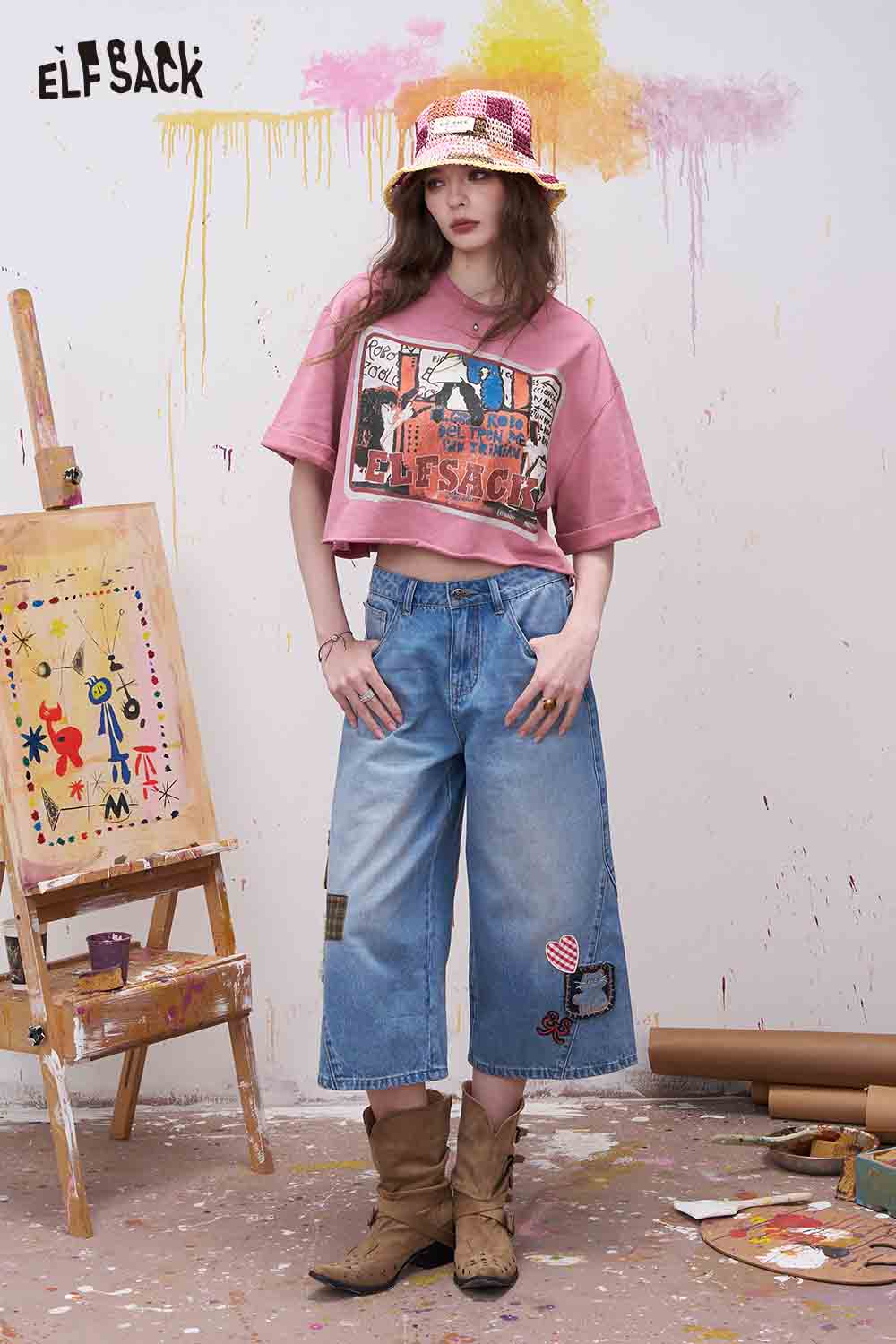 ELFSACK Vintage Cartoon Print Cropped Tee