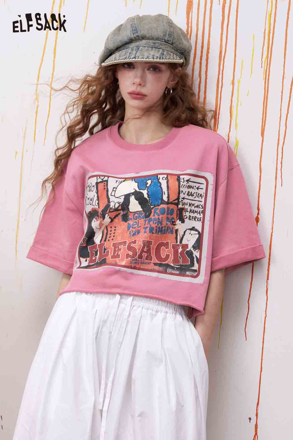 ELFSACK Vintage Cartoon Print Cropped Tee