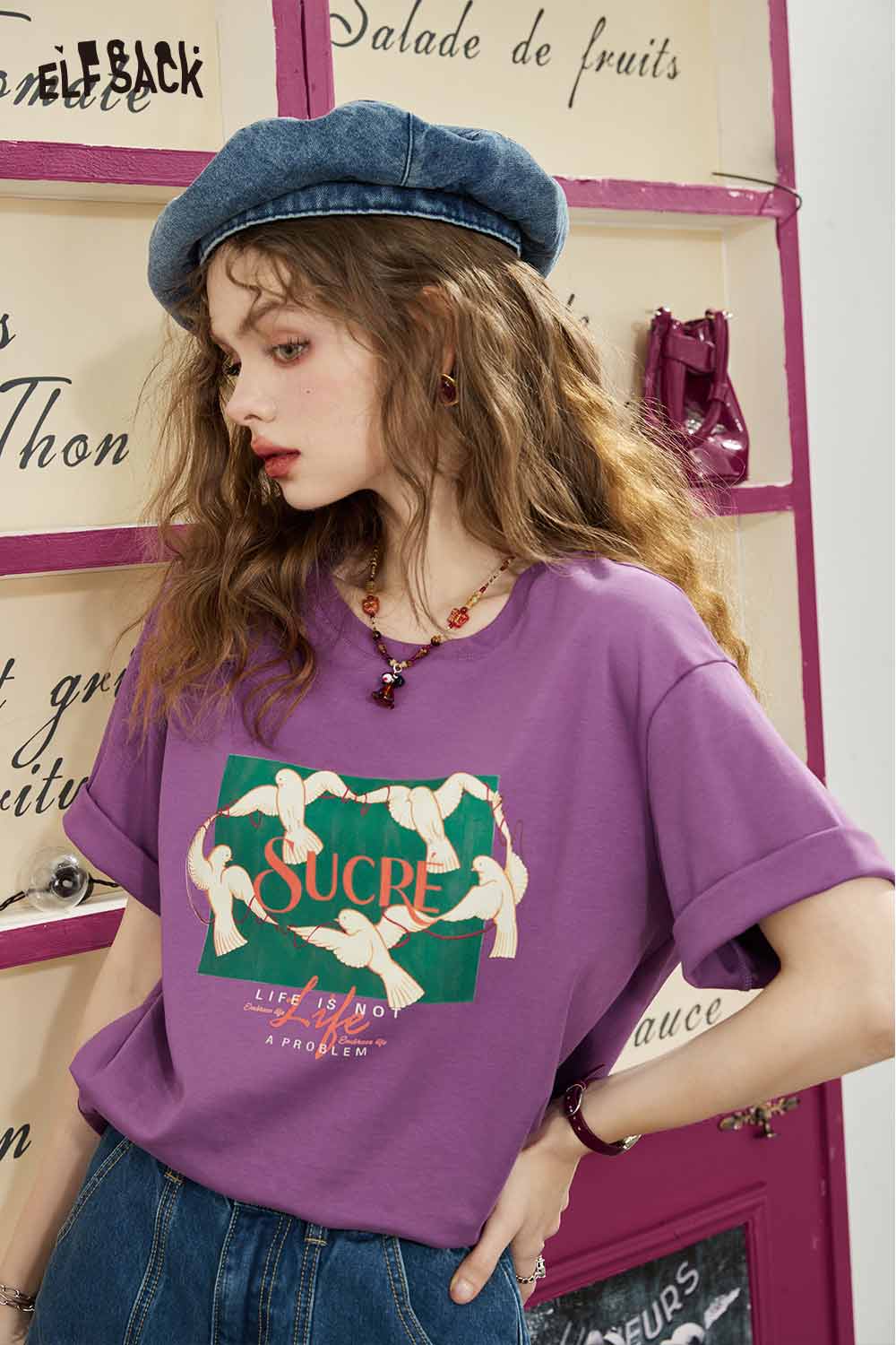 ELFSACK Vintage Casual Cotton Print Short Sleeve T-Shirt