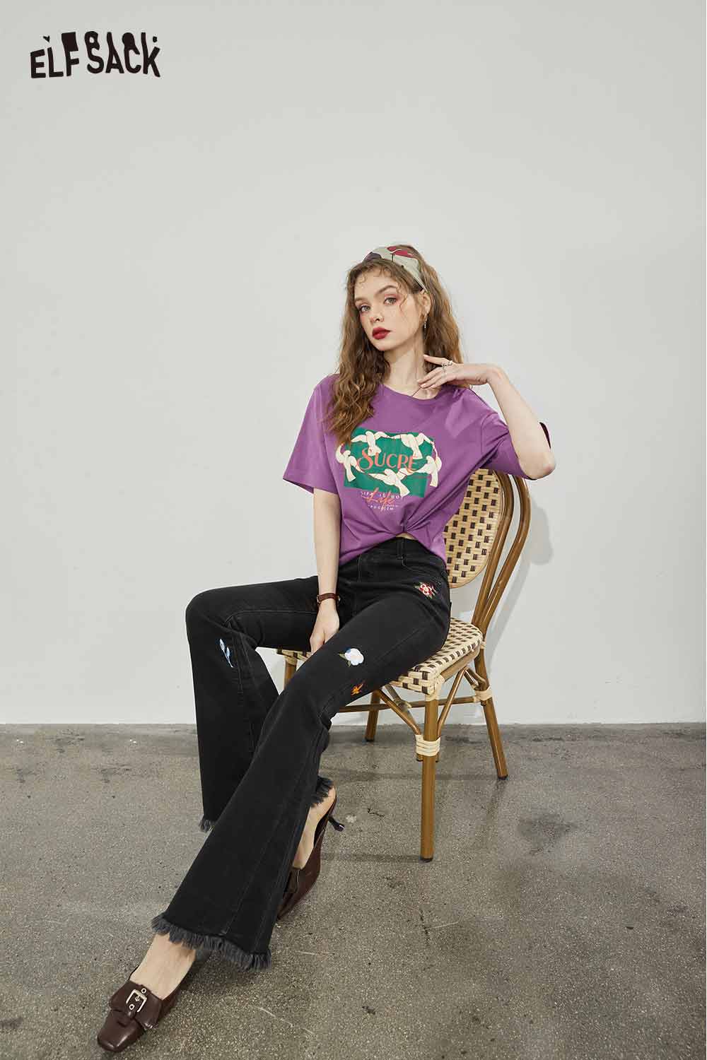 ELFSACK Vintage Casual Cotton Print Short Sleeve T-Shirt