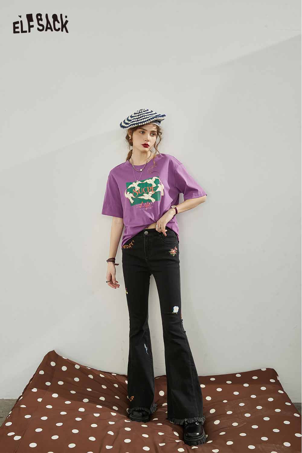 ELFSACK Vintage Casual Cotton Print Short Sleeve T-Shirt