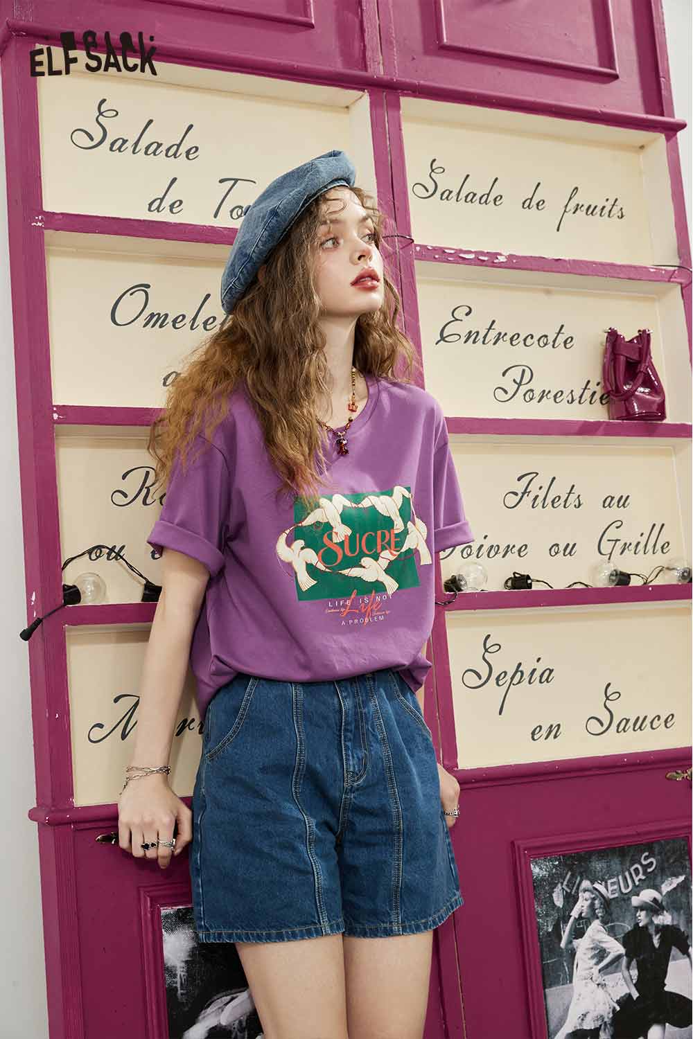 ELFSACK Vintage Casual Cotton Print Short Sleeve T-Shirt