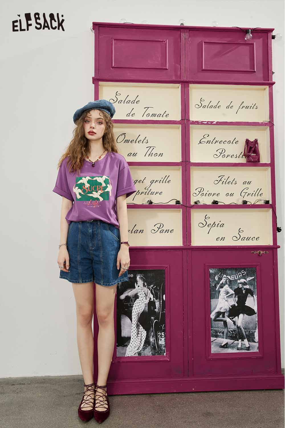 ELFSACK Vintage Casual Cotton Print Short Sleeve T-Shirt