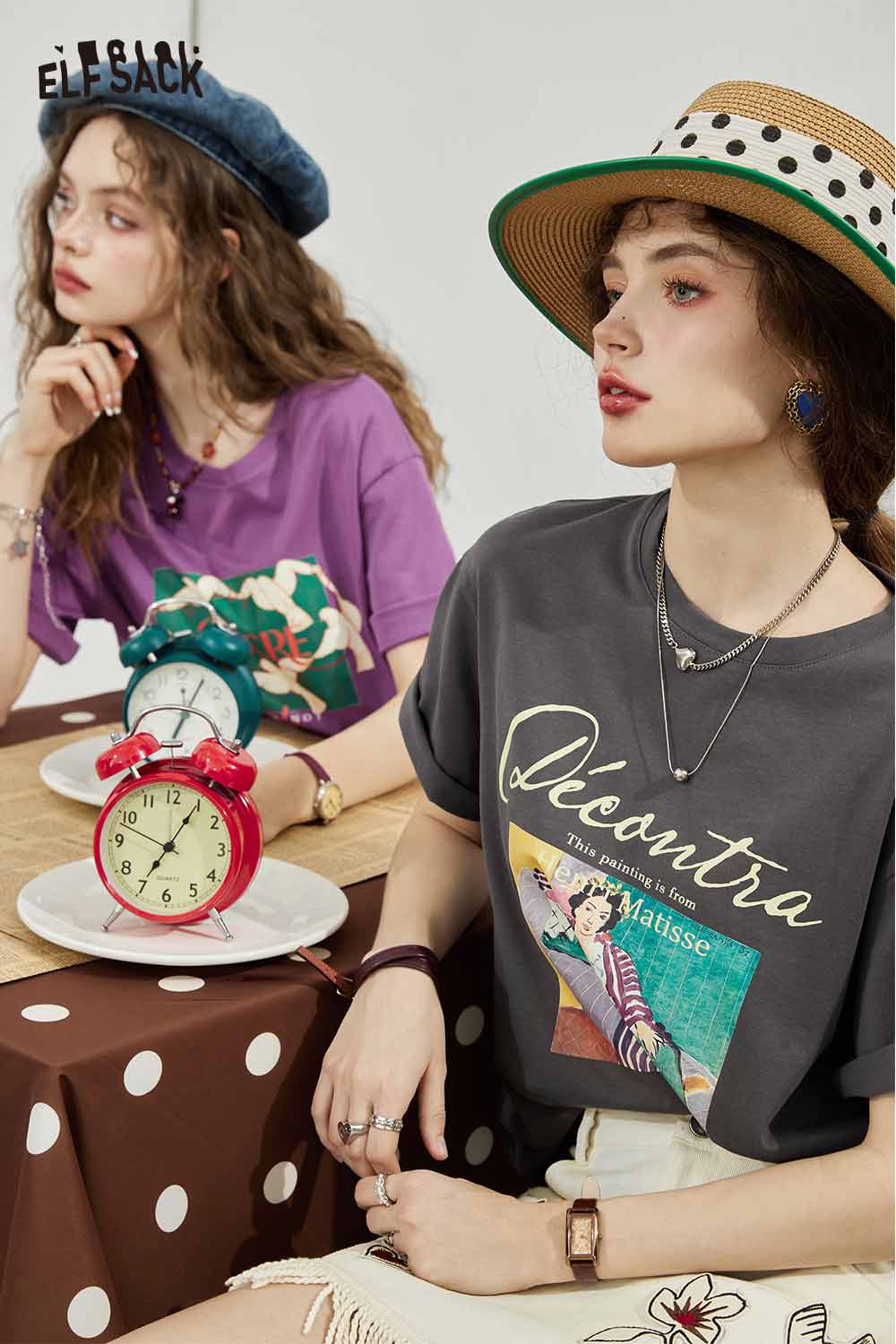 ELFSACK Vintage Casual Cotton Print Short Sleeve T-Shirt