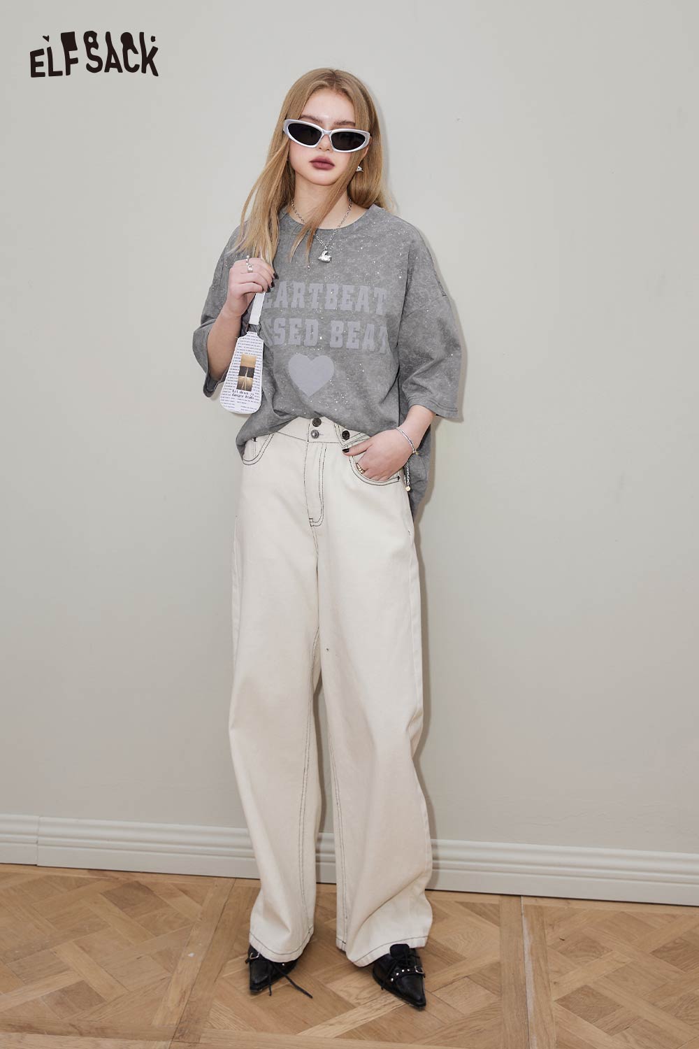 ELFSACK Vintage Casual Loose Glitter Short Sleeve Top